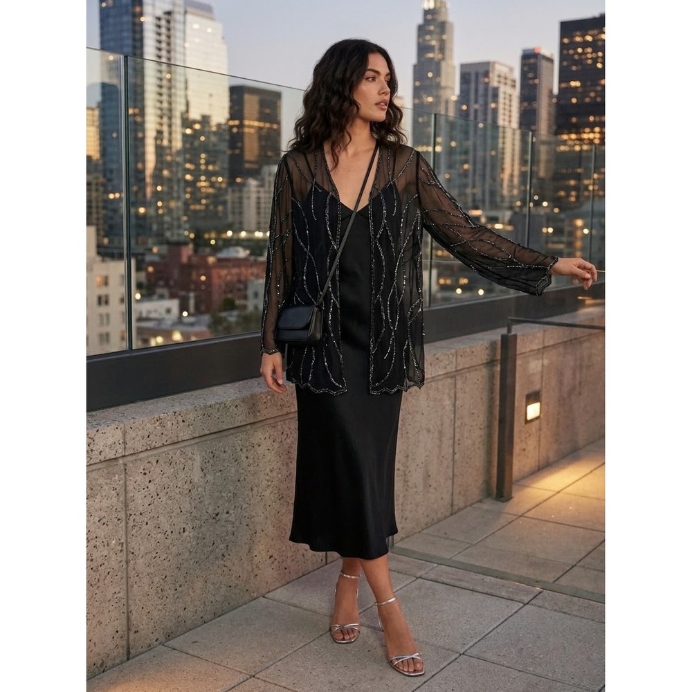 Reformation Black Sheer Beaded Open Front Cardigan Wrap Top Size M/L Made in USA